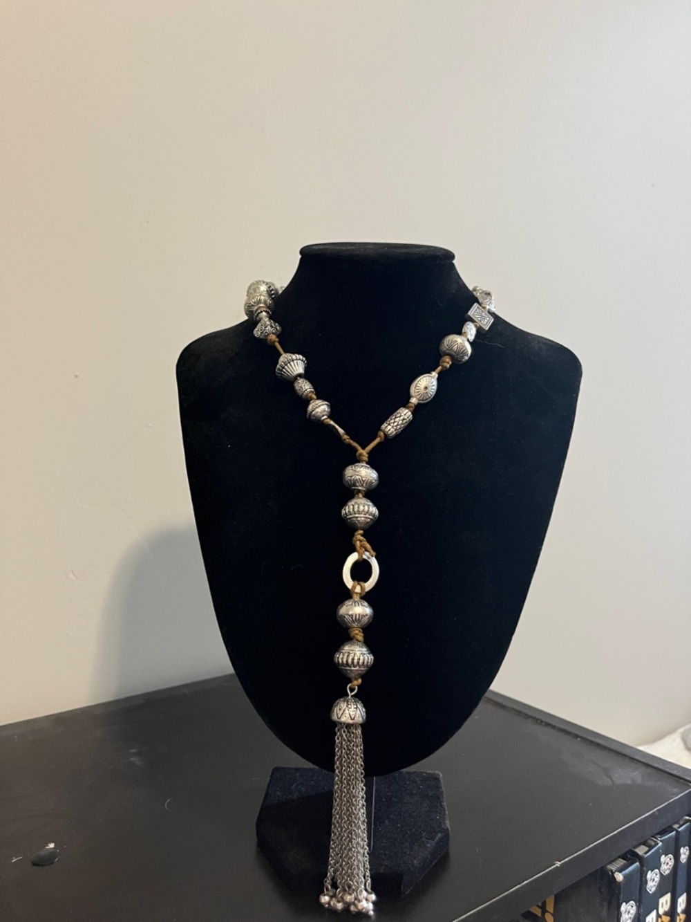 Chico's Sued Silver-Tone Beaded Tassel Necklace Western Style Necklace - Picture 3 of 8